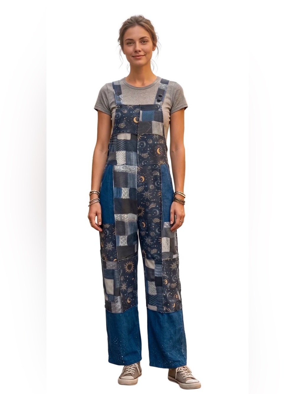 Yak N Yeti Boho Celestial Patchwork Wide-Leg Overall